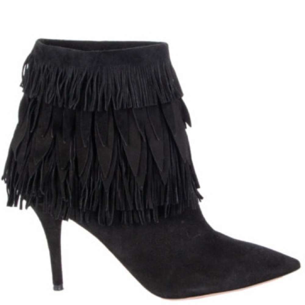 Aquazzura Sasha Black Suede Fringe Heeled Bootie size 37 / 7